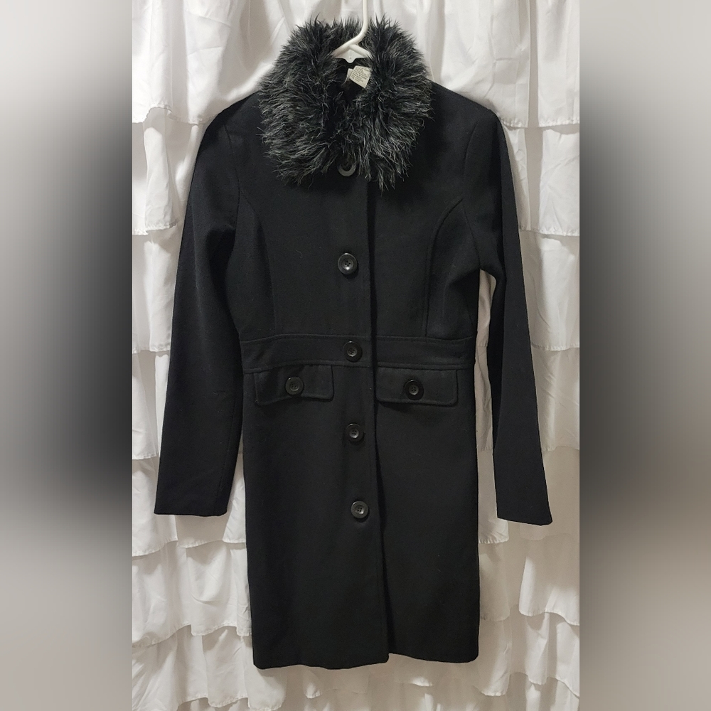 Voice  Long Wool Coat Faux Fur Collar Button Up Fully Lined - Picture 14 of 16
